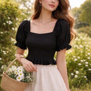 Madewell Black Smocked Puff Sleeve Top – Size Small